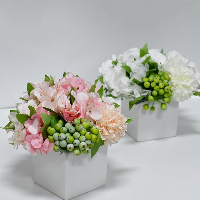 Artificial Flower Arrangement in Ceramic Vase Pink Hydrangea Home Decor | - Image 3