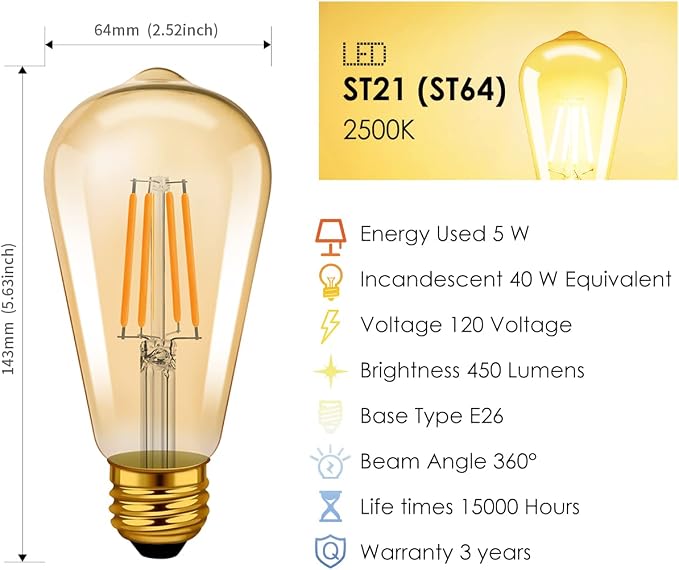 LVWIT Vintage Edison Light Bulb ST21 LED Filament Bulb 5.5W Dimmable 2500K Warm - Image 4
