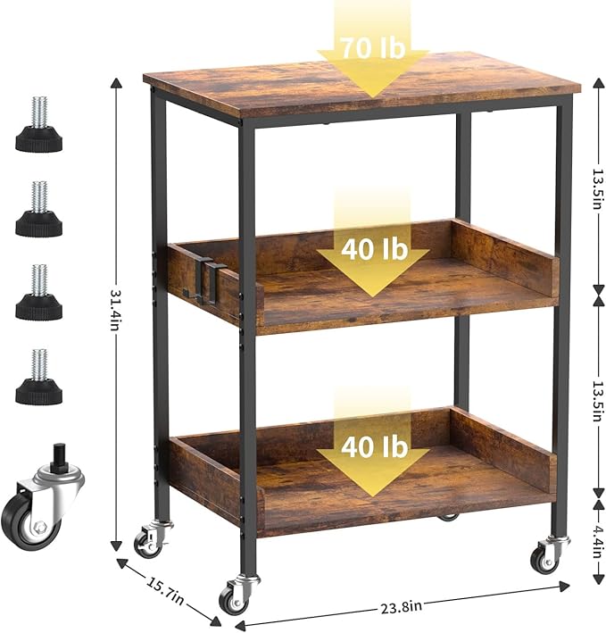 ASTARTH Kitchen Microwave Cart, 3 Tier Rolling Utility Cart on Wheels Coffee - Image 2