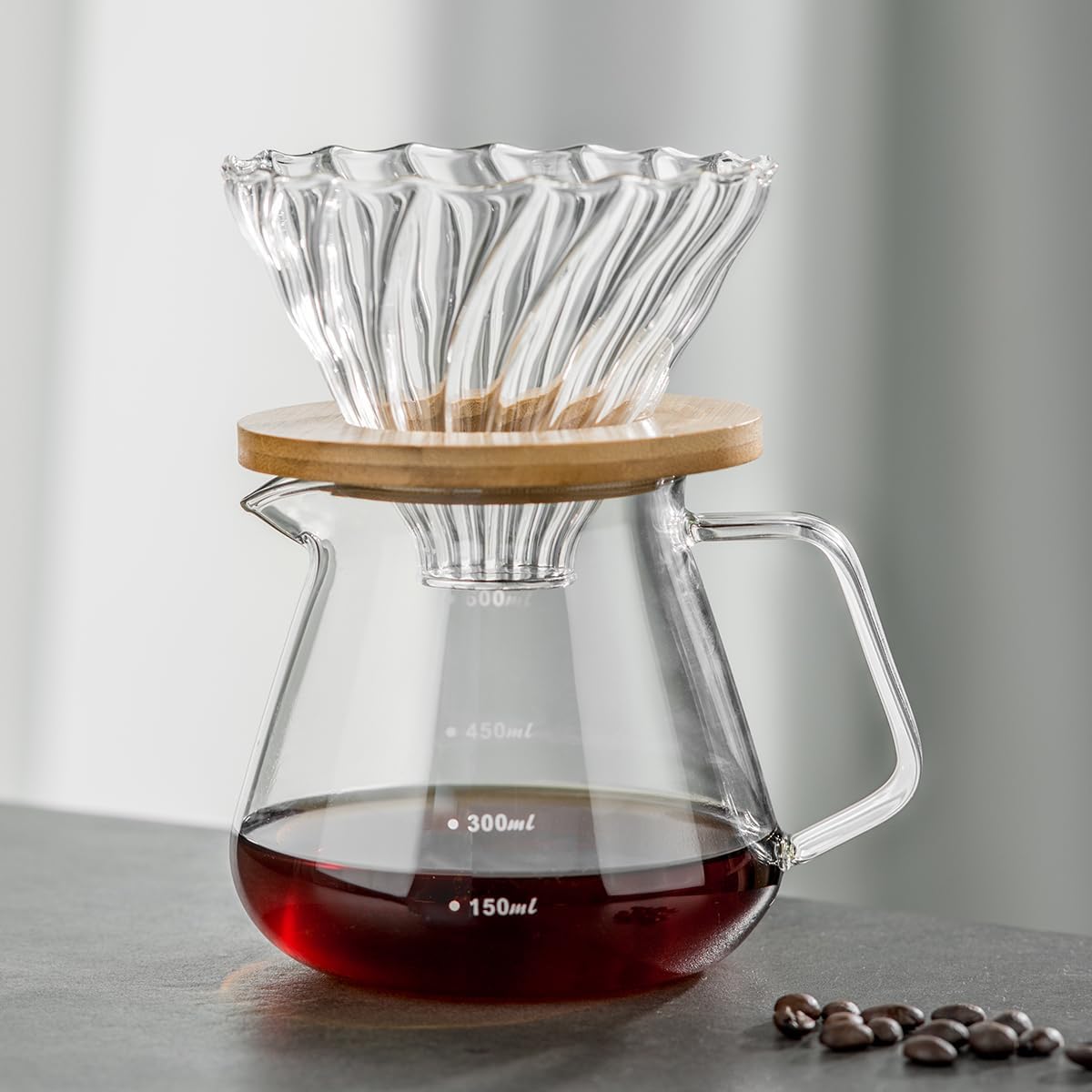 Pour Over Coffee Maker Set – Drip Coffee Pot with bamboo Handle, Glass Coffee Dripper & 100 Filters, 20oz/600ml Capacity