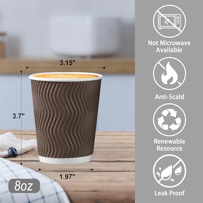 BYSNOW 150 Pack 8 oz Coffee Cups, Insulated Corrugated Ripple Wall Hot Beverage - Image 3