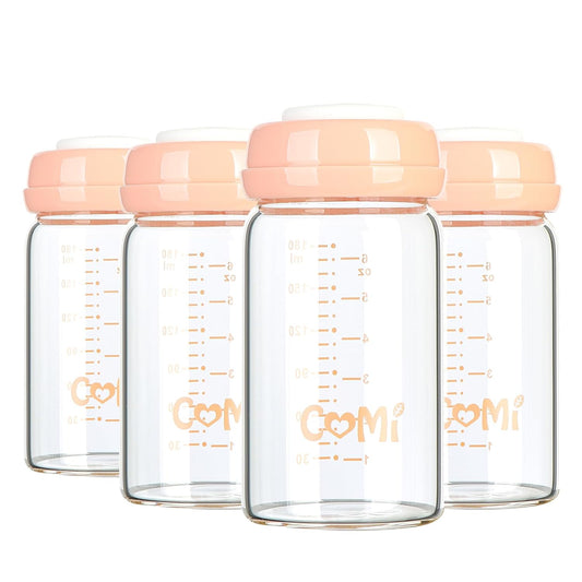 COMI Wide Neck Glass Breastmilk Collection n Storage Bottle, 4 Packs, 6oz with Screw Ring Sealing Disk; Re-markable Sealing Disc. BPA Free, Fits Breast Pumps & Nipples (4 Pink Lids)