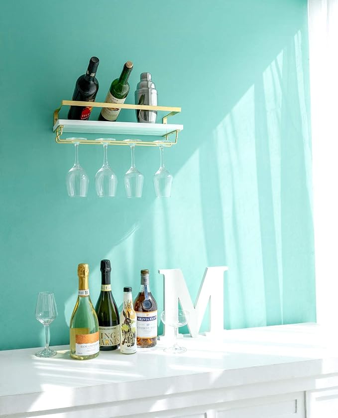 Mkono Wall Mounted Wine Rack Set of 2 White Wood Wine Bottle Glass Holder - Image 2