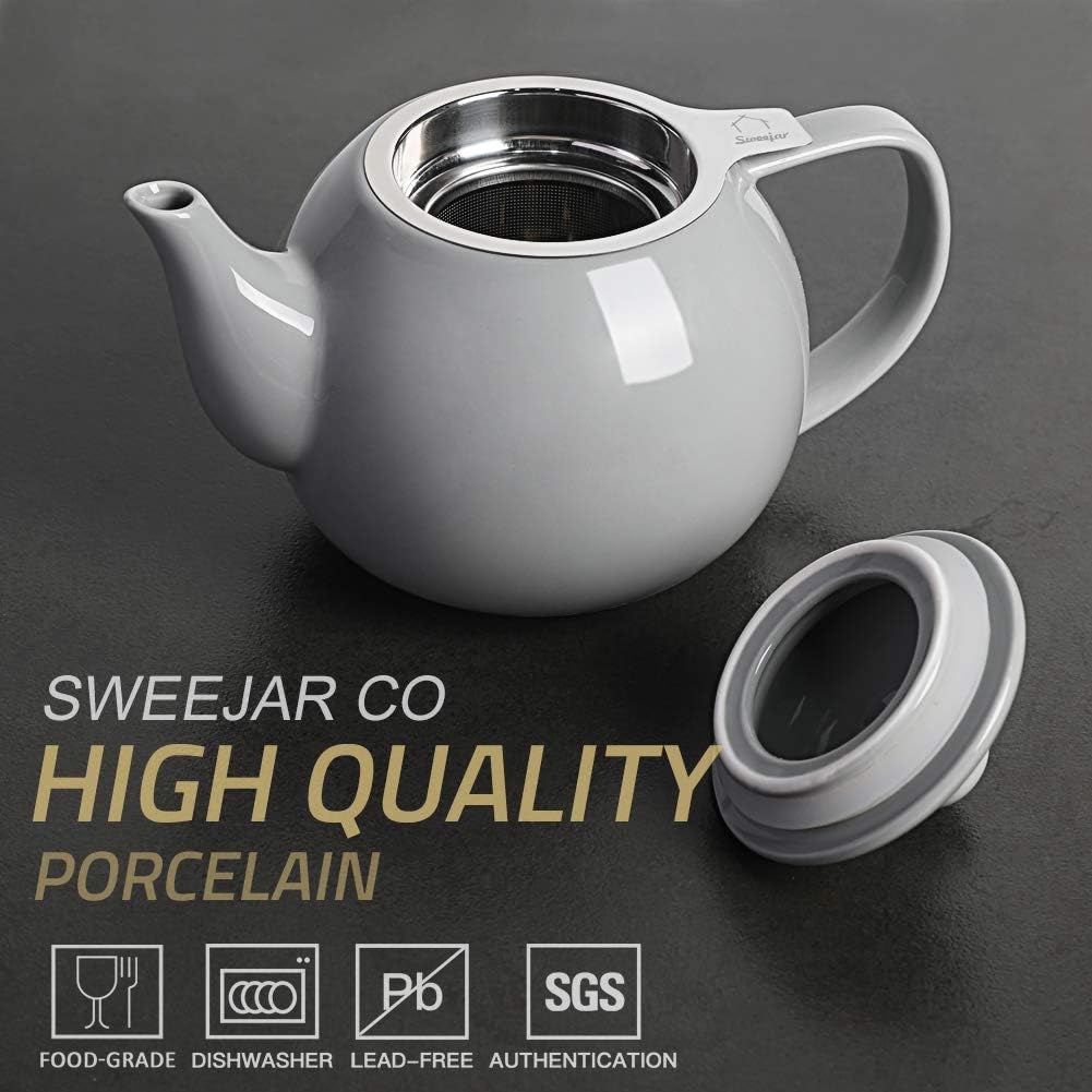 Sweejar Porcelain Teapot with Removable Stainless Steel Infuser,Microwave & Dishwasher Safe Tea Pots for Loose Tea,Tea Infuser Pots for Chrismas Women Gift (30oz Gray)