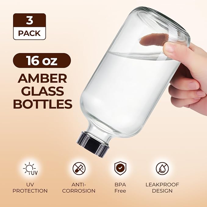 3 Pack, 16 OZ Clear Glass Bottles Boston Round Sample Refillable Bottles - Image 3