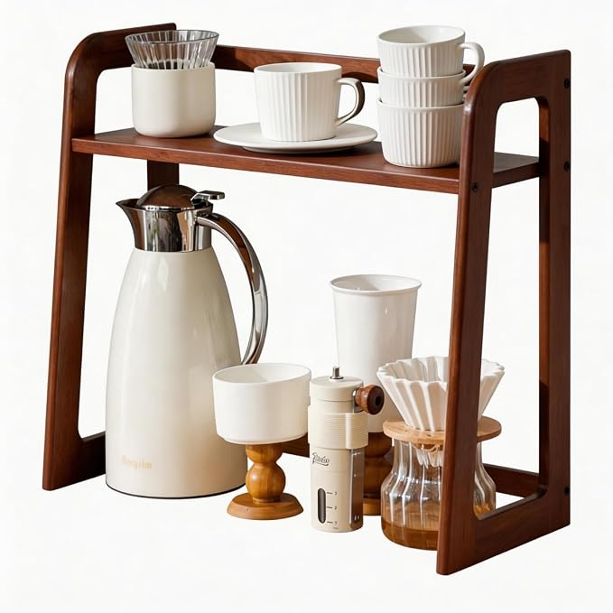 Natural Bamboo Coffee Station Organizer, 2-Tier Wooden Kitchen Counter Shelf by XIKEMADI