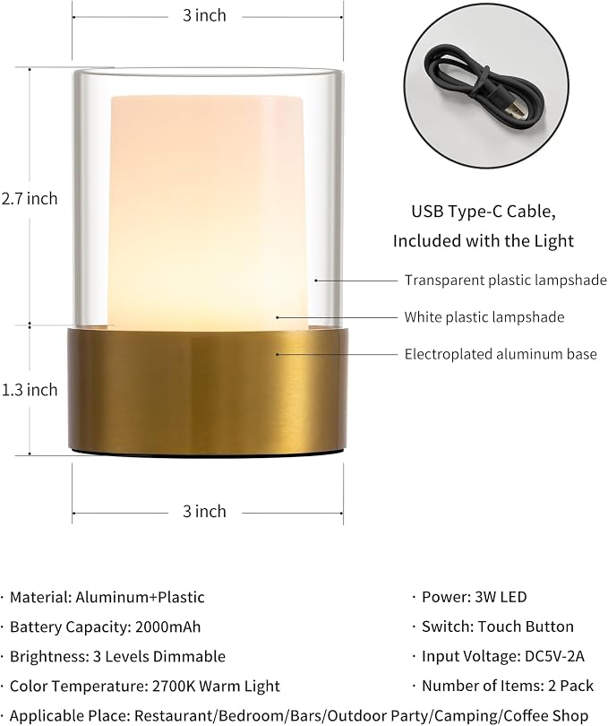 LED 4" Small LED Battery Operated Lamp Set of 2, Cordless Rechargeable Table - Image 5