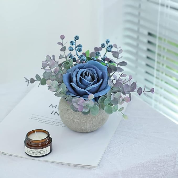 Small Artificial 2pcs Blue Rose Potted Plant, Mini Faux Floral Arrangement - Image 7