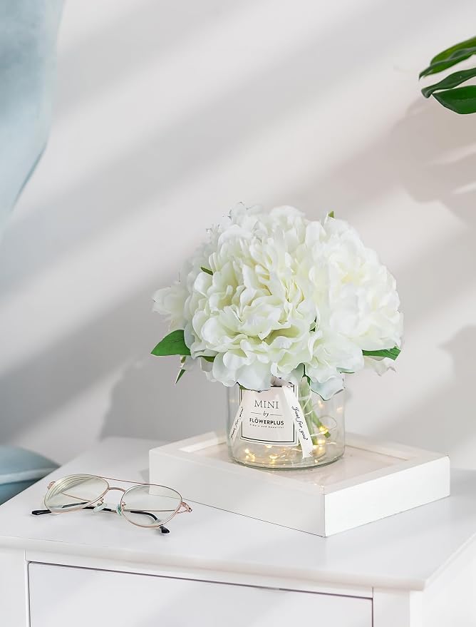 BLOSMON Fake Flowers in Vase for Table: White Artificial Hydrangea - Image 9