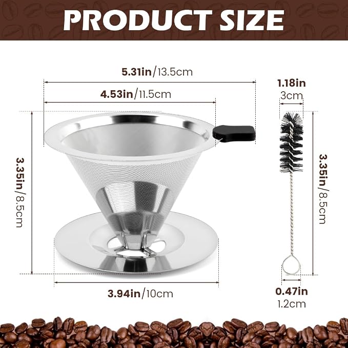Pour Over Coffee Dripper With Cleaning Brush, Upgraded Double Micro Mesh Filter - Image 3