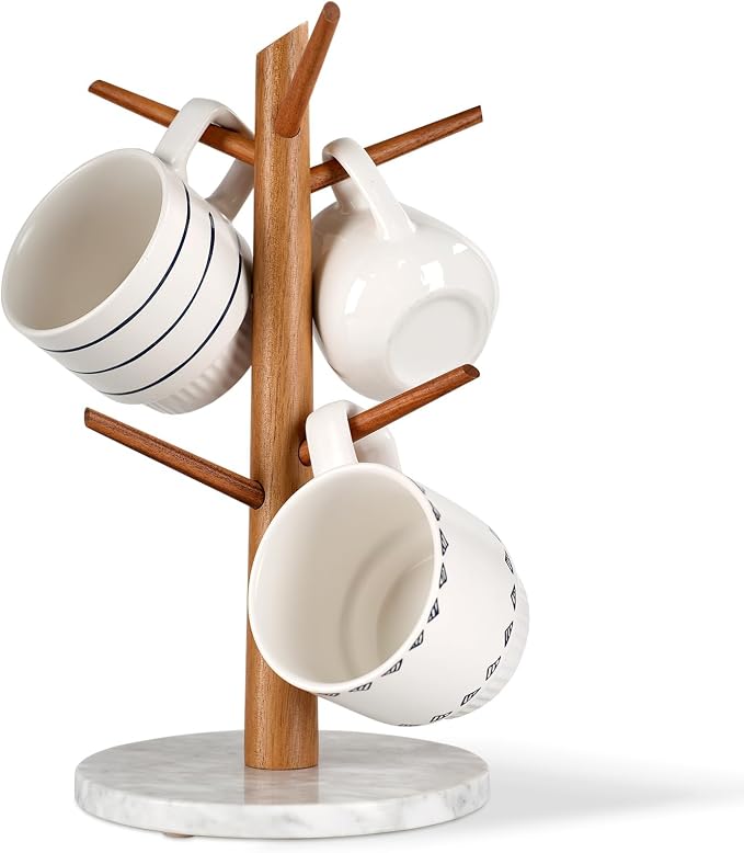 Acacia Wood Mug Tree, Marble Base Coffee Mug Tree by E-ROOMTREND