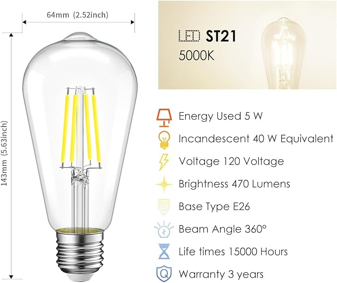 LVWIT ST21 LED Edison Light Bulbs 5W Dimmable 5000K Warm White Vintage Edison - Image 3