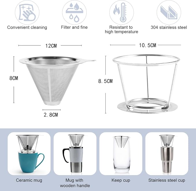 Pour Over Coffee Maker, Coffee Filter, Slow Drip Paperless Stainless Steel Cone - Image 2
