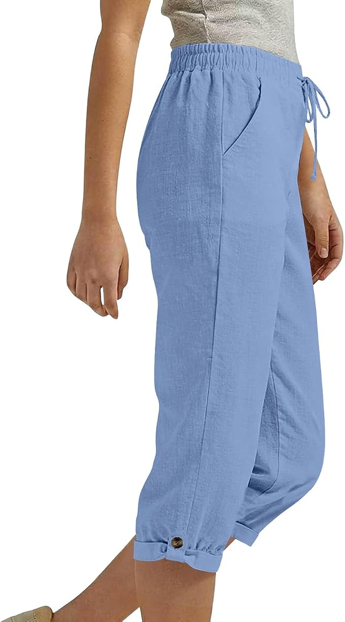 Drawstring Capri Linen Pants Women Elastic Waist Straight Leg Pant Summer Beach - Image 2