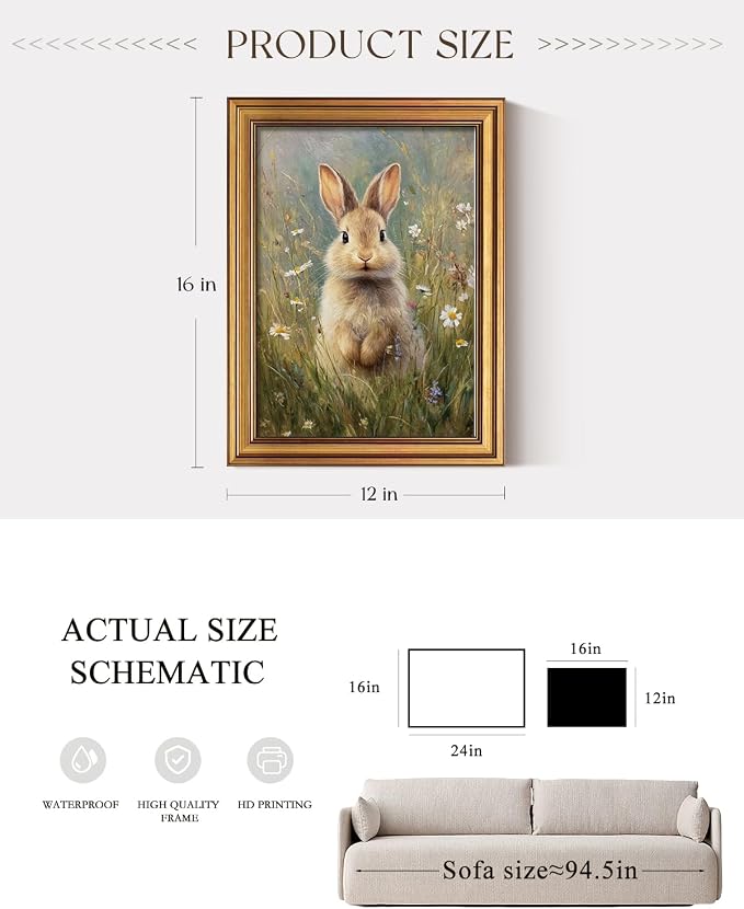 ARPEOTCY Gold Framed Canvas Wall Art, 12x16 Inch, Easter Bunny Rabbit - Image 2