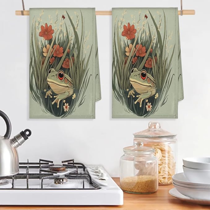 Vintage Frog Kitchen Towels Set of 2 Grass Flowers Dish Towels Bar Absorbent - Image 5