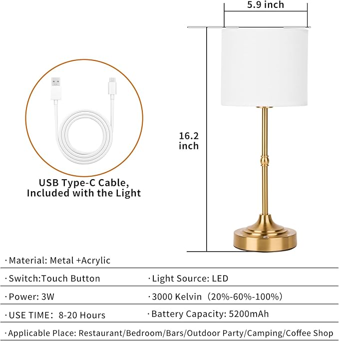 Rechargeable Cordless LED Table Lamp Fabric Shade Desk Lamp, 3-Level Dimmable - Image 3