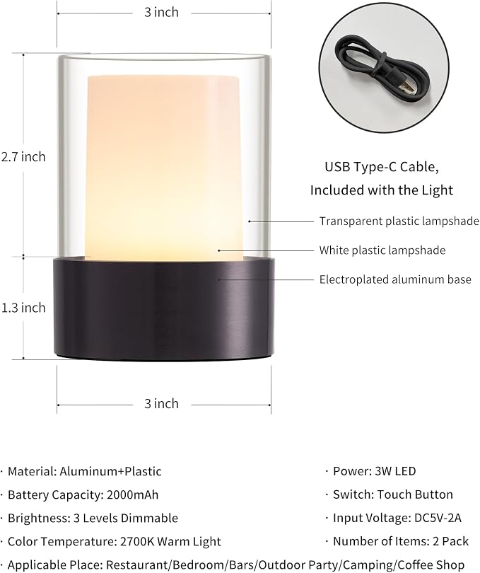 LED 4" Mini Cordless Table Lamp 2 Pack, Outdoor Waterproof Lamp, Rechargeable - Image 5