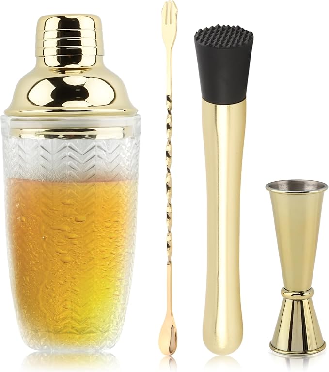 Gold Cocktail Shaker Set with Measuring Jigger, Mixing Spoon & Muddler – Home - Image 3