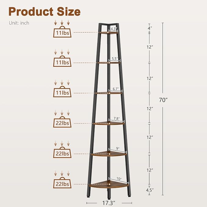 Hoctieon Corner Shelf, 6-Tier Corner Bookshelf, Rustic Ladder Shelf, Industrial - Image 7