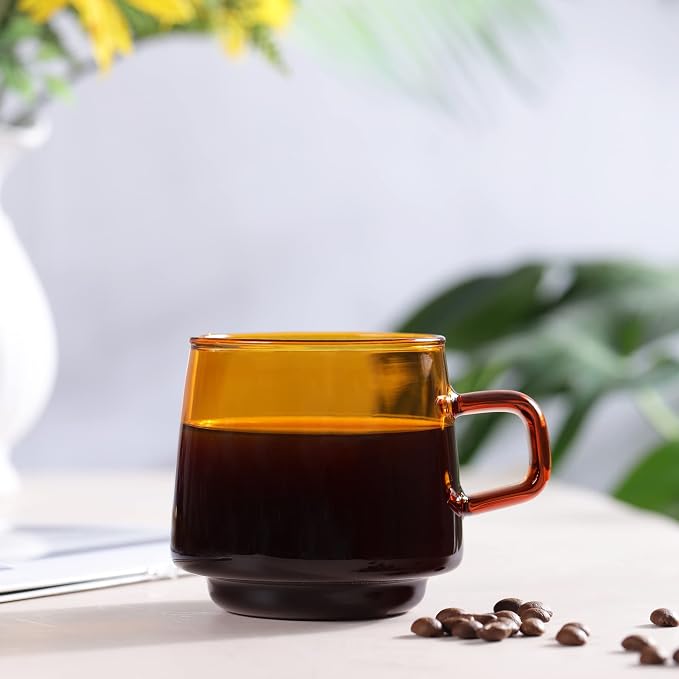Joeyan Amber Glass Coffee Mugs Set of 2-10 oz Glass Stackable Coffee Cups - Image 3