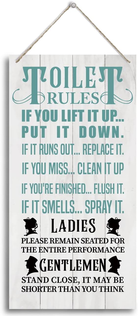 Bathroom Rules Wood Decor Sign, Toilet Rules, Hanging Printed Wooden Plaque by HALUOSI