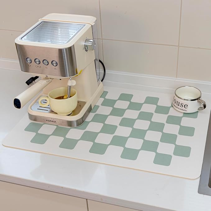 Large Dish Drying Mats for Kitchen Counter 24''x16'' Black Sage Beige Checkered - Image 2