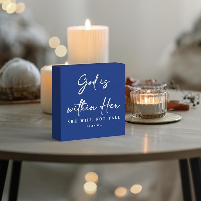 God Is Within Her Bible Verse Artwork Blue Wood Box Sign Rustic Farmhouse Style - Image 4