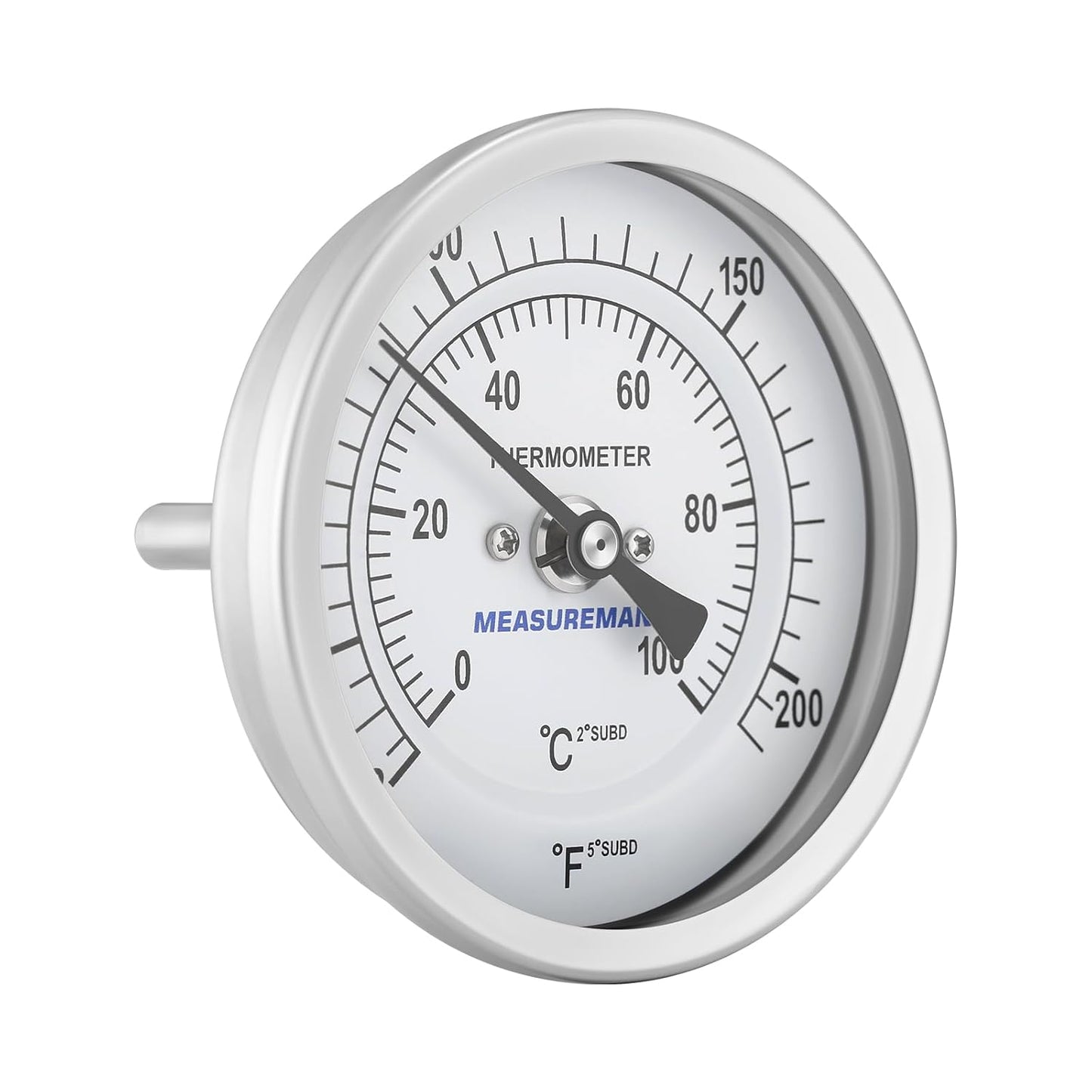 MEASUREMAN Hot Water Thermometer, 3" Dial, 2" Lead-Free Brass Stem, 32-212F/0-100C Range, 2% Accuracy, Adjustable, 1/2" NPT Back Mount