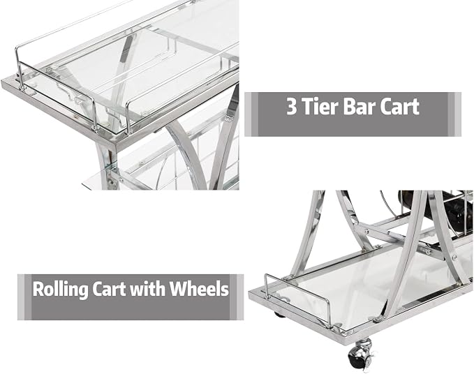 Silver Bar Carts with Glass Holders & Wine Rack, 3 Tier Home Bar Serving Carts - Image 3