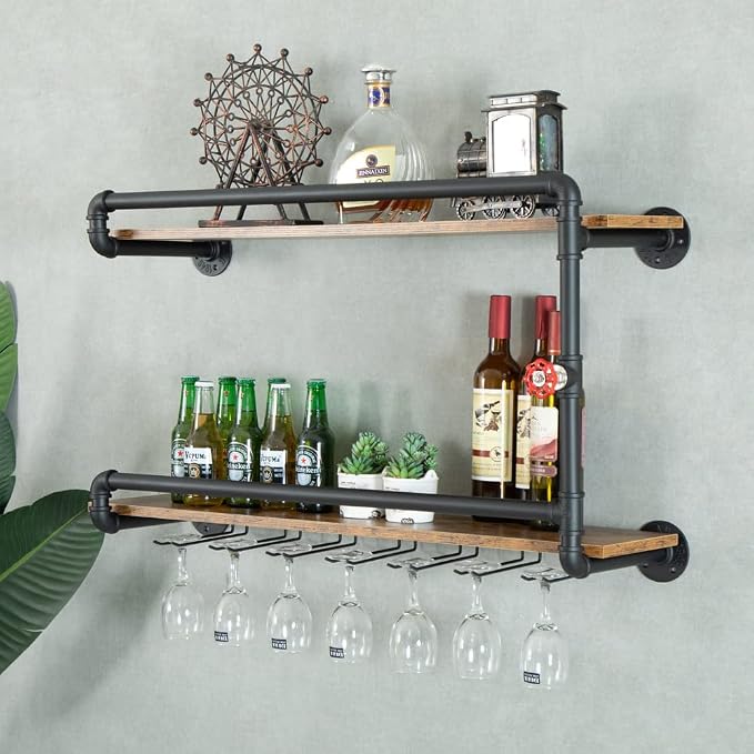 Wine Rack Wall Mounted 2 Tier, Hanging Floating Bar Liquor Shelves - Image 8