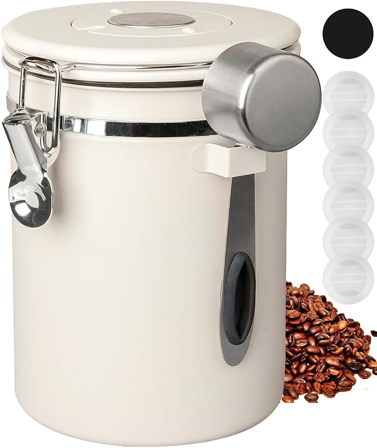 Coffee Canister with Airtight Lid, 60 fl oz White, Stainless Steel Air Tight by INFTYLE