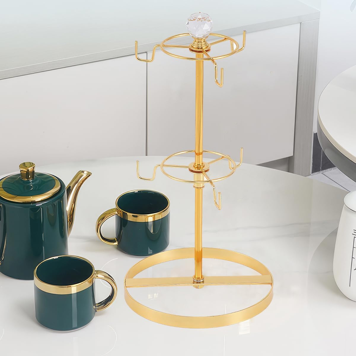 Coffee Mug Tree Holder for Counter,Double Tier Mug TeaCup Metal Holders Countertop,Golden Coffee Mug Tea Cup Stand Rack for Counter Top 6 Hooks(Gold,Crystal Ball)