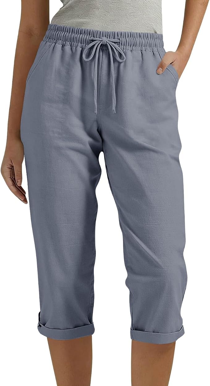 Drawstring Capri Linen Pants Women Elastic Waist Straight Leg Pant Summer Beach by Unknown