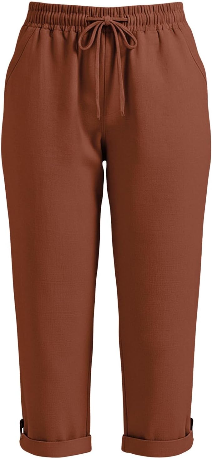 Drawstring Capri Linen Pants Women Elastic Waist Straight Leg Pant Summer Beach - Image 5