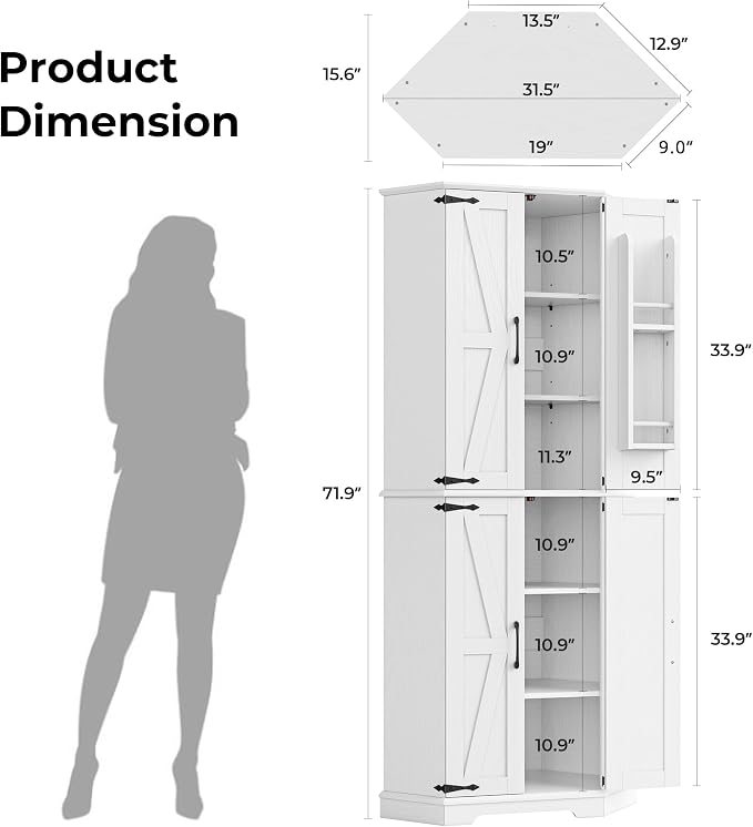IRONCK Corner Cabinet, 6-Tier Freestanding Farmhouse Pantry - Image 2