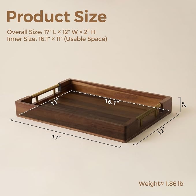 Acacia Wood Serving Tray with Golden Handles, 17x12 in Large Wooden Tray - Image 3