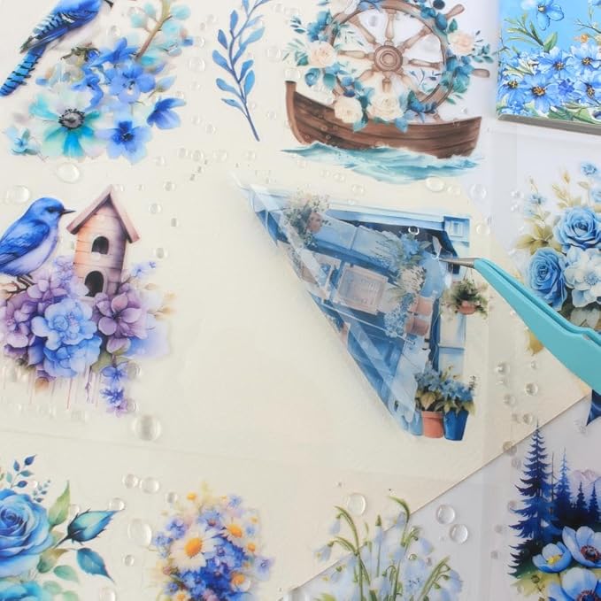 30 Sheets Precut Blue Flower Garden Landscape Stickers Book - Image 3