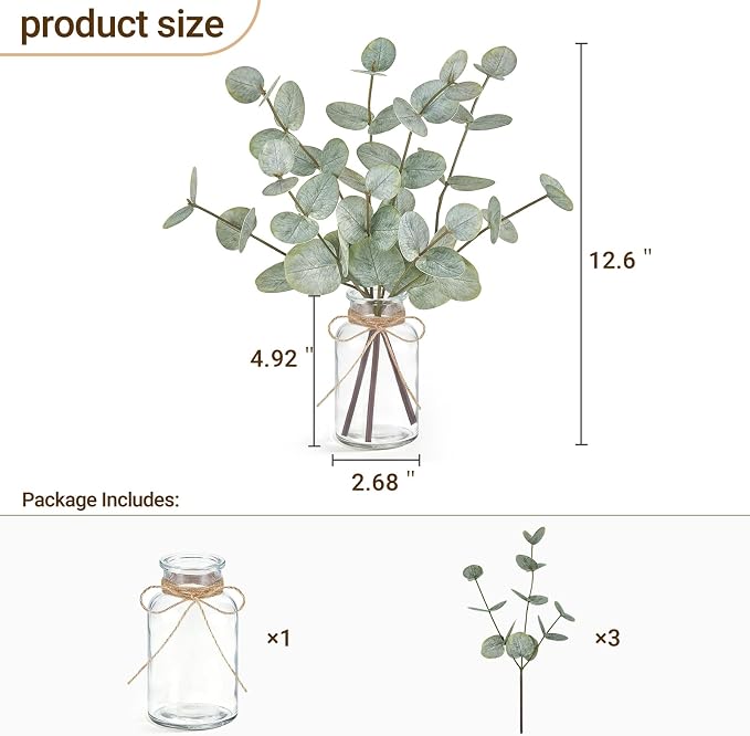 Mkono Artificial Eucalyptus Stems in Glass Vase, Fake Plants - Image 4