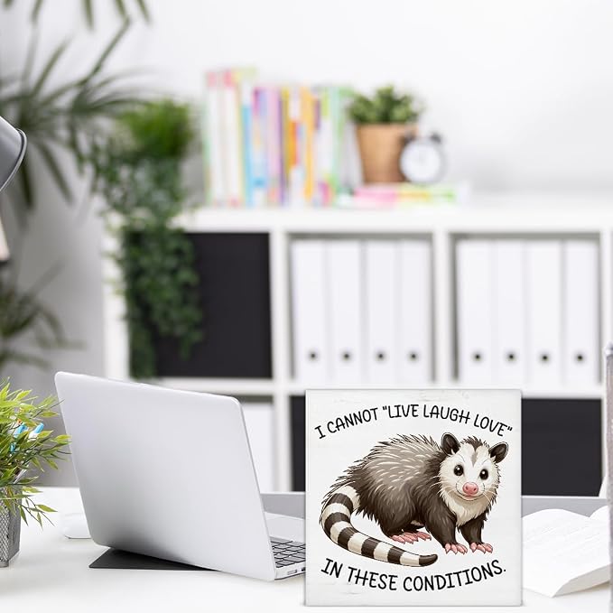 Sarcastic Office Desk Sign I Cannot Live Laugh Love Funny Possum Wood Block - Image 6