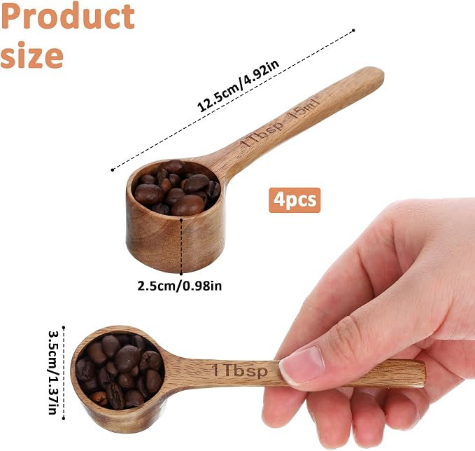 4 Pack Coffee Acacia Wooden Scoop Wooden Measuring Scoops - Image 2