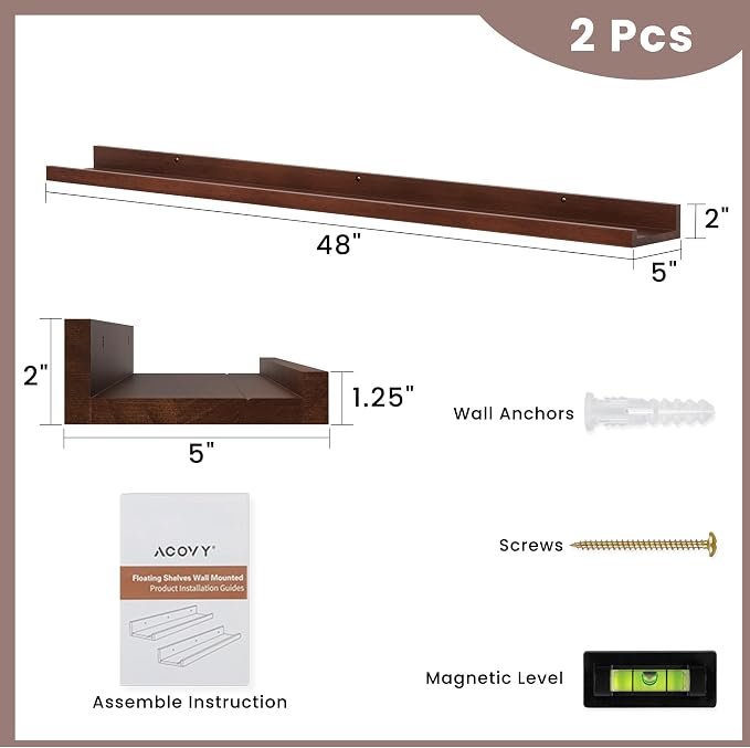 Acovy Long Floating Shelves for Wall, 48 inch Solid Wood Picture Ledge Shelf - Image 3