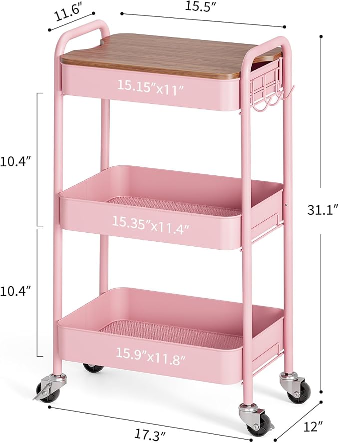 TOOLF 3-Tier Rolling Cart with Table Top, Metal Storage Cart on Wheels - Image 6