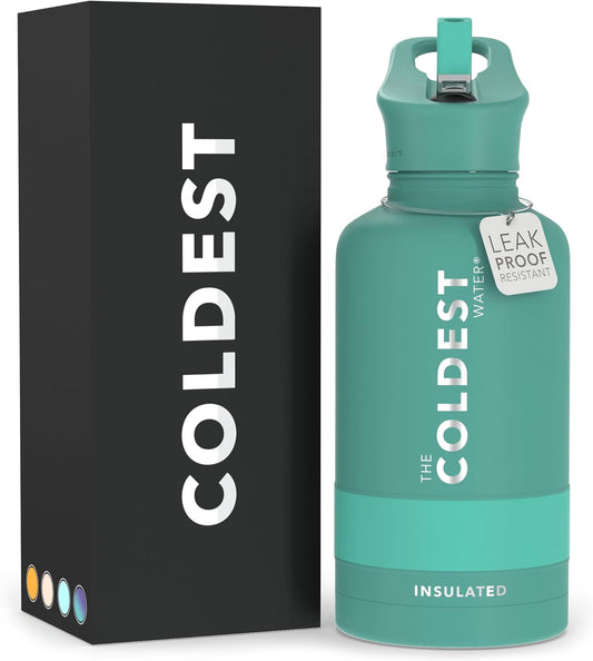 Coldest Insulated Water Bottle with Straw Lid - Stainless Steel Metal Insulated Bottle for Men & Women (Terraform Green, 64 oz)
