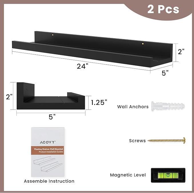 Acovy Floating Shelves for Wall, 24 inch Solid Wood Picture Ledge Shelf - Image 3