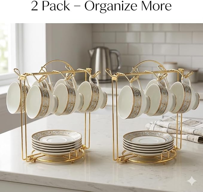 HOHIYA Gold Tea Cup and Saucer Stand 2 Pack Metal Teacup Holder Rack - Image 3