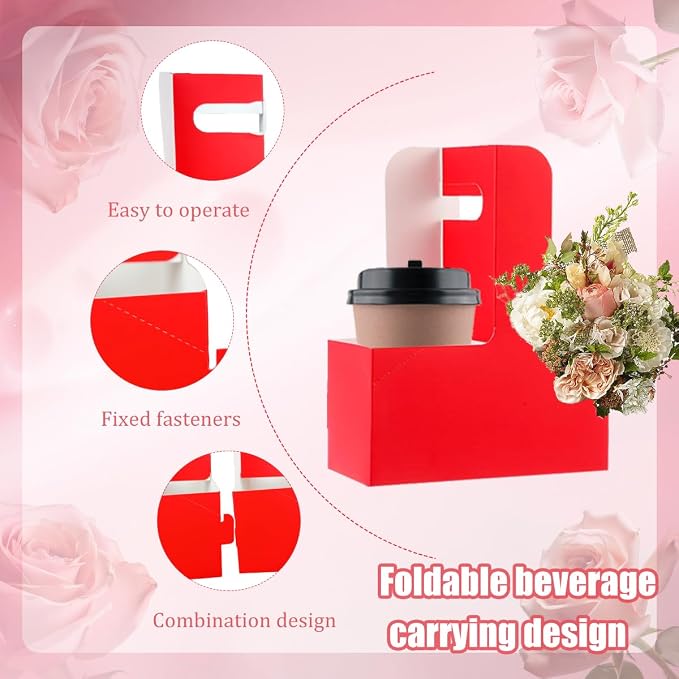 Cup Holder with Handle Disposable Drink Carrier Coffee Beverage Holders Red - Image 3