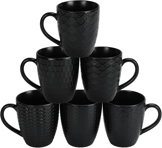 Schliersee 16 OZ Black Coffee Mugs Set of 6, Geometric Pattern Ceramic Coffee by Schliersee