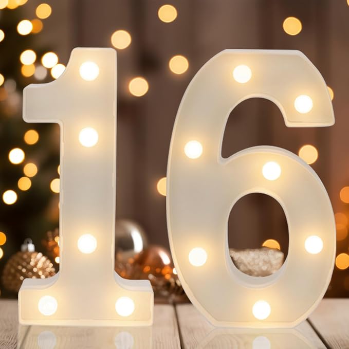 Light Up 16 Number Sign, Warm White Decorative LED Light Up Numbers, Battery by Weareyourgoodpartners