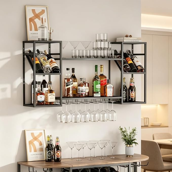 KaKaBB Wall Mounted Wine Rack, Holds 30 Bottles & 6–12 Glasses, Floating Shelves by KaKaBB